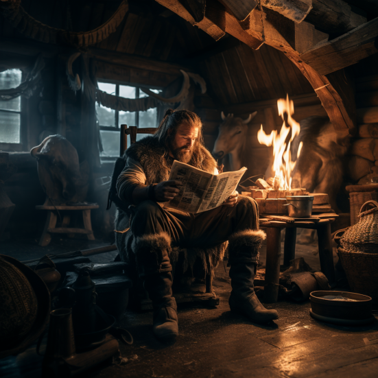 Avislæsende viking. Illustration skabt vis kunstig intelligens (Midjourney).