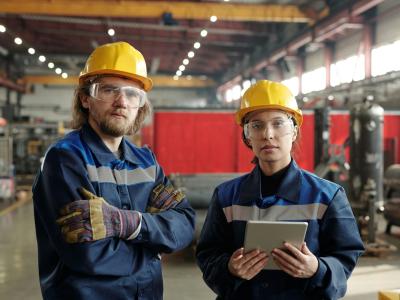To ingeniører i arbejdstøj og sikkerhedshjelme