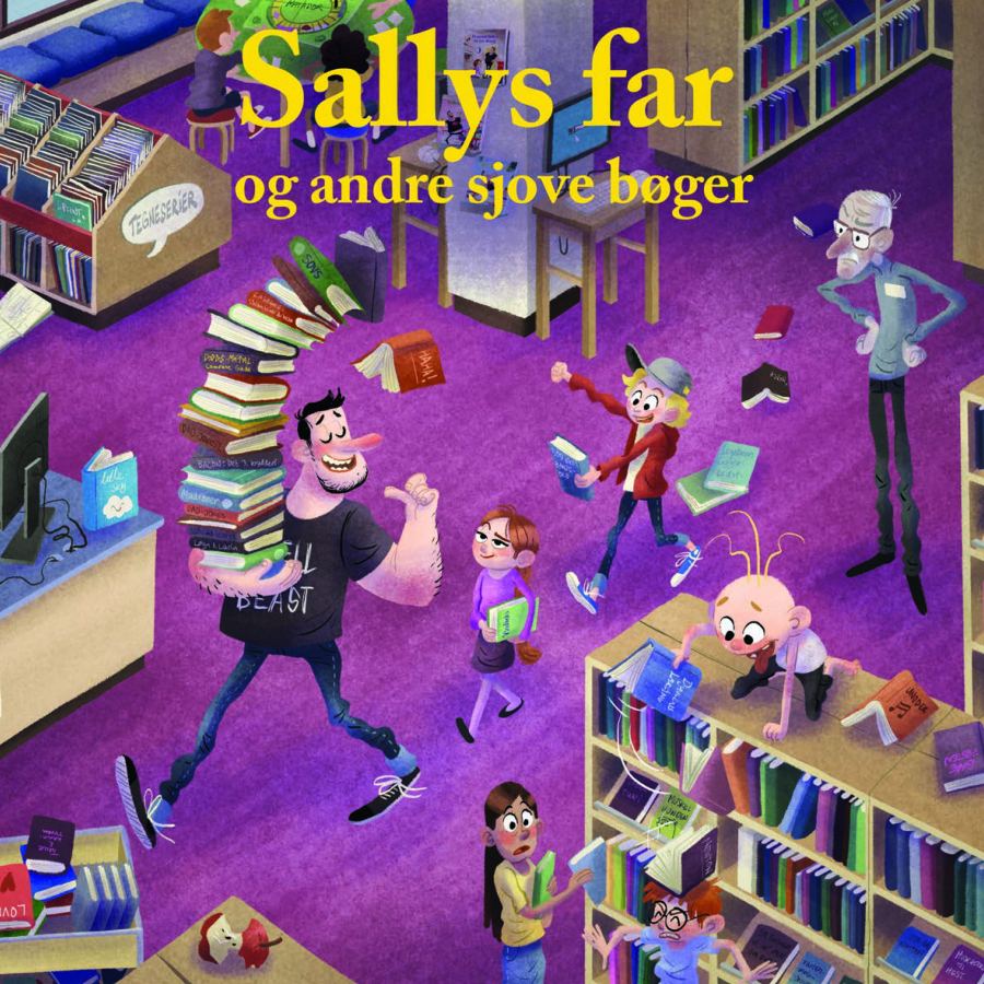 Forsiden til folderen med sjove børnebøger i stil med Sallys far